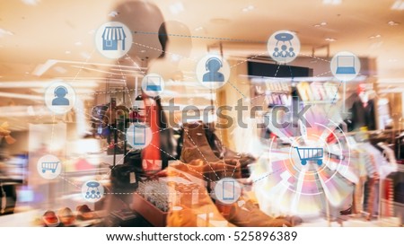 Marketing Data management platform and Omnichannel concept image. Omnichannel element icons on abstract Fashion store background.