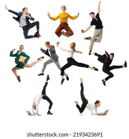 Marketing Department In Action. Group Of Office Workers Jumping And Dancing In Casual Clothes And Business Suit In Motion Over White Background. Business, Start-up, Team Building. Creative Collage.