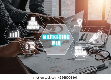Marketing mix concept, Business team working on business paper with marketing mix icon on virtual screen.
