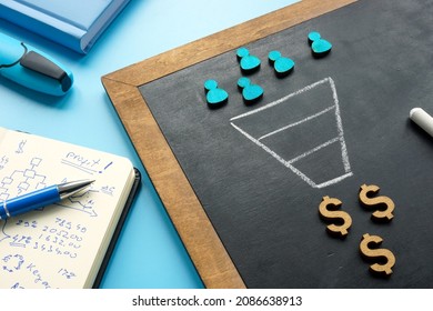 Marketing Sales Funnel On The Blackboard And Figurines.