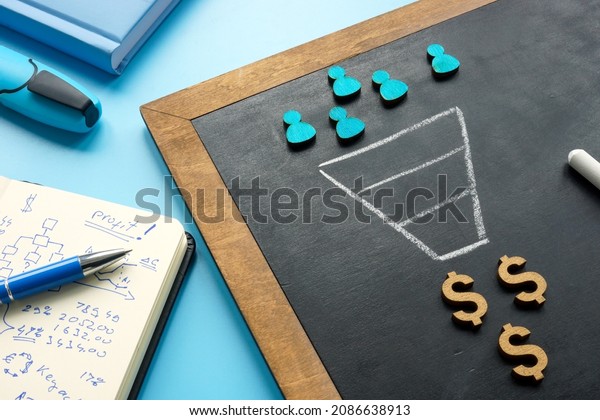 Marketing\
sales funnel on the blackboard and\
figurines.