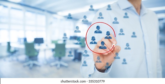 Marketing segmentation, target audience, customers care, customer relationship management (CRM), human resources, customer analysis and focus group concepts. Wide composition, office in background.