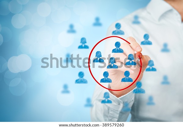 Marketing segmentation, target market,\
target audience, customers care, customer relationship management\
(CRM), human resources recruit and customer analysis concepts,\
bokeh in\
background.\
