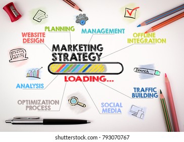 Marketing Strategy Concept. Chart With Keywords And Icons On White Background