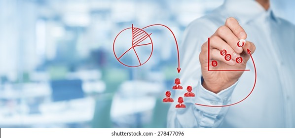 Marketing Strategy - Segmentation, Targeting, And Positioning. Visualization Of Marketing Strategy Process, Office In Background, Wide Banner Composition.
