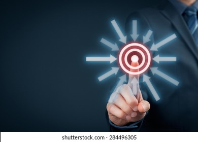 Marketing Targeting, Goal And Trigger Concepts. Businessman Click On Virtual Target.
