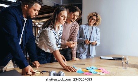 Marketing team brainstorming with sticky notes in an office. Business professionals discussing ideas in a meeting. Business people collaborating on a project in an advertising agency. - Powered by Shutterstock