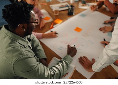 Marketing team members are collaborating on a venn diagram during a brainstorming session, working together to visualize and analyze data for effective marketing strategies