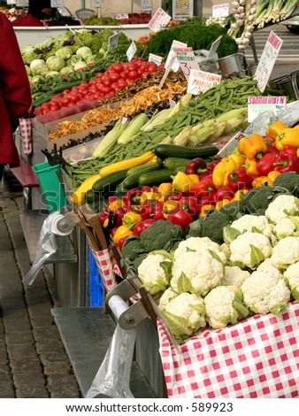 Marketplace with garden truck, vegetables,  mushrooms etc. in Helsinki, Finland