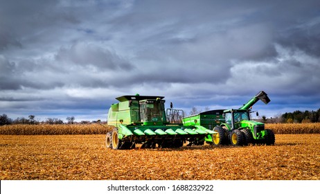  Markham, Ontario / Canada - 11/13/2018 :Combine Harvester On The Field