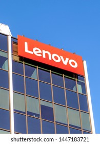 Markham, Ontario, Canada - June 2, 2018: Sign of Lenovo at Lenovo Canada head office near Toronto in Markham. Lenovo is a Chinese technology company with headquarters in Beijing, China. 