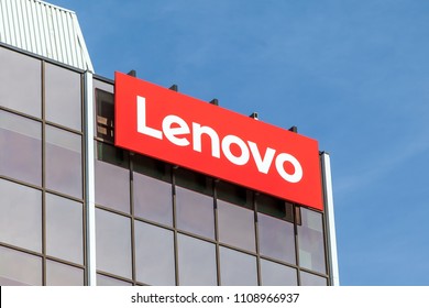 Markham, Ontario, Canada - May 21, 2018: Sign of Lenovo at Lenovo Canada head office near Toronto in Markham. Lenovo is a Chinese technology company with headquarters in Beijing, China. 