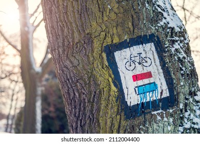 Marking Of The Bike Trail In The Park. Blue And Red Bike Trail