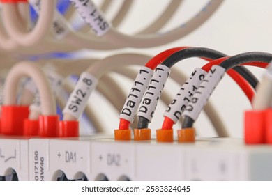 Marking of electrical wires using thermal printing on vinyl tape.