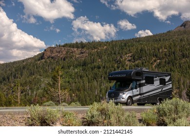 Markleeville, California, USA - 2021 July 10: RV Camper Van On A Road Surrounded By Beautiful Landscape; Concept For Road Trip Vacation