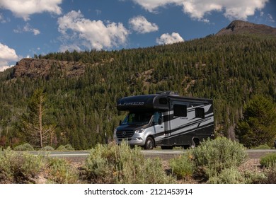 Markleeville, California, USA - 2021 July 10: RV Camper Van On A Road Surrounded By Beautiful Landscape; Concept For Road Trip Vacation