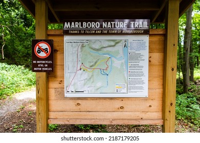 The Marlboro Nature Trail Map Stands At The Trailhead To The Trail In Marlboro, NY On Friday, July 29, 2022.