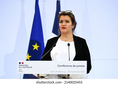 Marlene Schiappa, minister of Citizenship  during a conference at the Interior Ministry at Place Beauvau, in Paris, France on November 29, 2021.