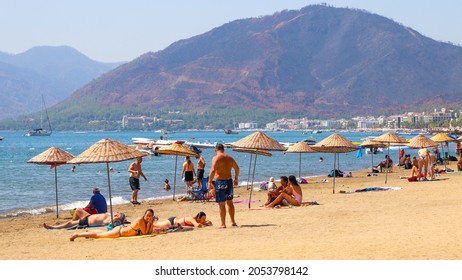 Marmaris Beach With People Resting. Marmaris Turkey August 2021