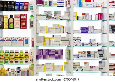 MARMARIS, TURKEY - 1 MAY , 2017: Pharmacy cabinets with medicines and drugs tablets and food additives 