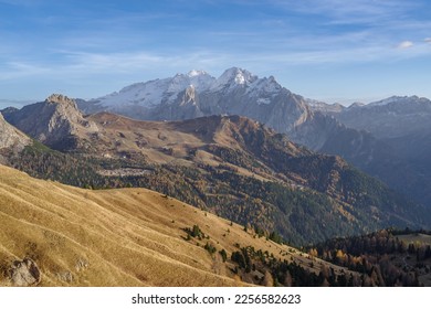 Marmolada mountain peak in autumn, Passo Sella, Val Gardena, Val di Fassa, Dolomites, South Tyrol, Italy