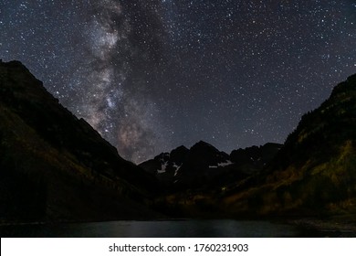 Maroon Bells Lake Wide Angle View Of Milky Way Sky In Aspen, Colorado At Dark Night With Rocky Mountain Peak In October 2019 Autumn