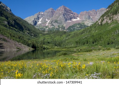 Maroon Bells Near Aspen In The Colorado Rocky Mountains - Wildflowers Near Maroon Lake.