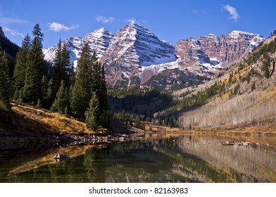 The Maroon Bells On An Early Autumn Morning In Aspen, Colorado