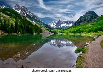 Maroon Bells reflection in Maroon Lake near Aspen. Elk Mountains. White River National Forest.  Colorado. United States of America