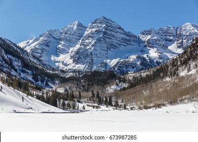 Maroon Bells In Winter, Aspen Colorado On A Bluebird Sky Day