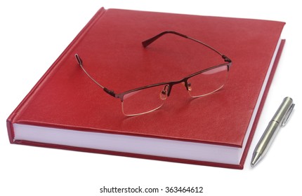 Maroon Colored Thesis Paper With Spectacles Over White Background