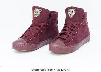 Maroon High Top Sneakers On White Background