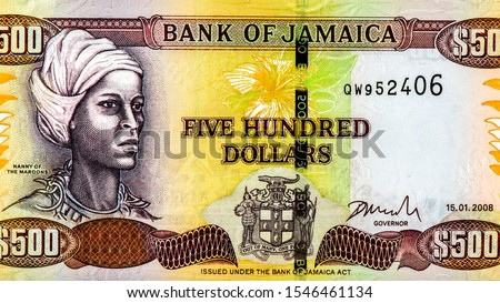 Maroons (Queen Nanny; Granny Nanny), a National Hero of Jamaica Portrait from Jamaica 500 Dollars 2003 Banknotes.
