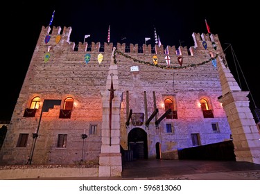 Marostica, VI, Italy - September 9, 2016: Medieval Castle With Drawbridge Down At Night