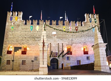 Marostica, VI, Italy - September 9, 2016: Medieval Castle With Drawbridge Down By Night