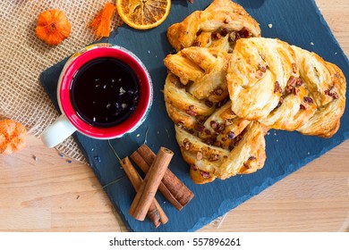 Marple And Pecan Plait Pastry Sweet Food Breakfast With Tea Cup