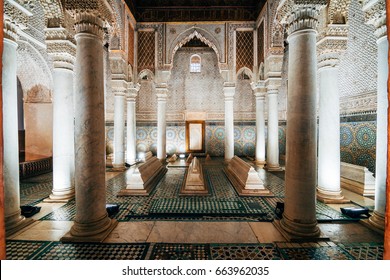 MARRAKECH, MOROCCO. 11 th June, 2017: saadian tombs view, The mausoleum comprises the interments of about sixty members of the Saadi Dynasty that originated in the valley of the Draa River