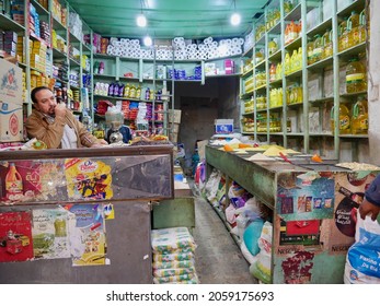 Marrakech, Morocco, 20.01.2020. Shop Keeper In A Local Grocery Store In The Medina.