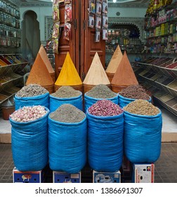 Marrakech, Morocco. April 22 2017. Heaps of colorful spices on market in big bags. Curry, pepper, cinnamon and other