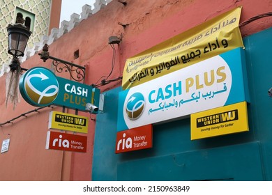 MARRAKECH, MOROCCO - FEBRUARY 20, 2022: Cash Plus International Money Transfer Service Point In Marrakech City, Morocco. 5 Million Moroccans Live Abroad And Send Money Home.