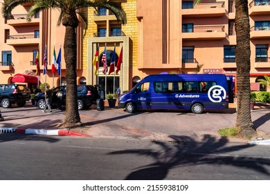 Marrakesh, Morocco 05 01 2022: G Adventures Tour Bus Front Of The Opera Hotel In Marrakesh