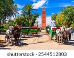 Marrakesh, Morocco: Beautiful view of the horse carriages in front of the Koutoubia Mosque minaret at Medina quarter from Jemaa el-Fnaa