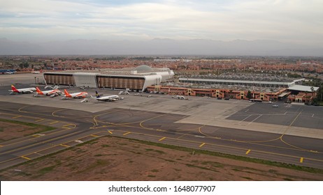 Marrakesh, Morocco - February 13 2020: Panoramic Aerial View Of Marrakesh Menara International Airport