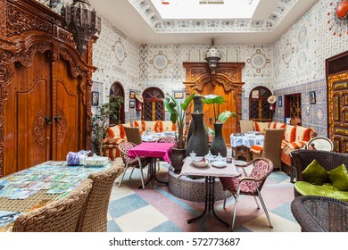 MARRAKESH, MOROCCO - FEBRUARY 29, 2016: Riad in Marrakesh, Morocco. Riad is a traditional Moroccan house or palace with an interior garden or courtyard, Morocco.