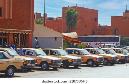 Marrakesh, Morocco - May 9. 2015: Moroccan Taxi Stand Fleet At Bus Station With German Mercedes Benz Car Models From Seventies, Eighties In City Center 