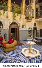 MARRAKESH, MOROCCO - SEPTEMBER 11, 2014: Detail from Riad Amlal in Marrakesh, Morocco. Riad Amlal have authentic decorated rooms and offers a true Moroccan ambiance.