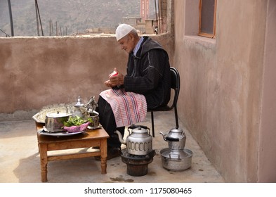 Marrakesh/Morocco - March 24 2016:  A Berber Man Pouring Traditional Mint Tea