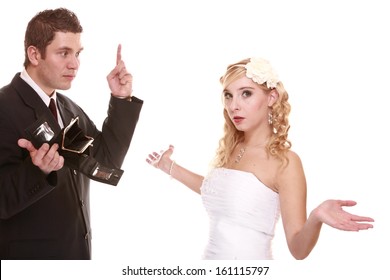 Marriage And Money Concept Of High Wedding Cost. Angry Groom With Empty Purse Bride Looking Surprised. Bad Relationship Conflict Quarrel Isolated