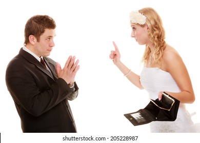 Marriage And Money Concept Of High Wedding Cost. Angry Bride With Empty Purse And Groom Quarrelling Isolated On White. Bad Relationship And Conflict.