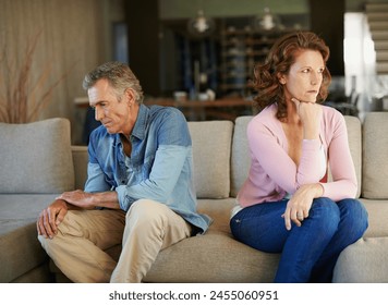 Marriage, problem and mature couple in counseling for fight with stress, angry partner thinking of divorce. Relationship, therapy and people with conflict or bad communication in mental health crisis - Powered by Shutterstock